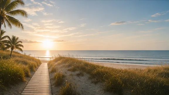 A walking path along the beach in warm morning light