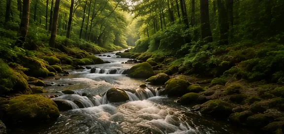 A gentle bubbling stream flowing over smooth stones