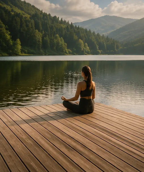 A quiet dock reaching into a still mountain lake