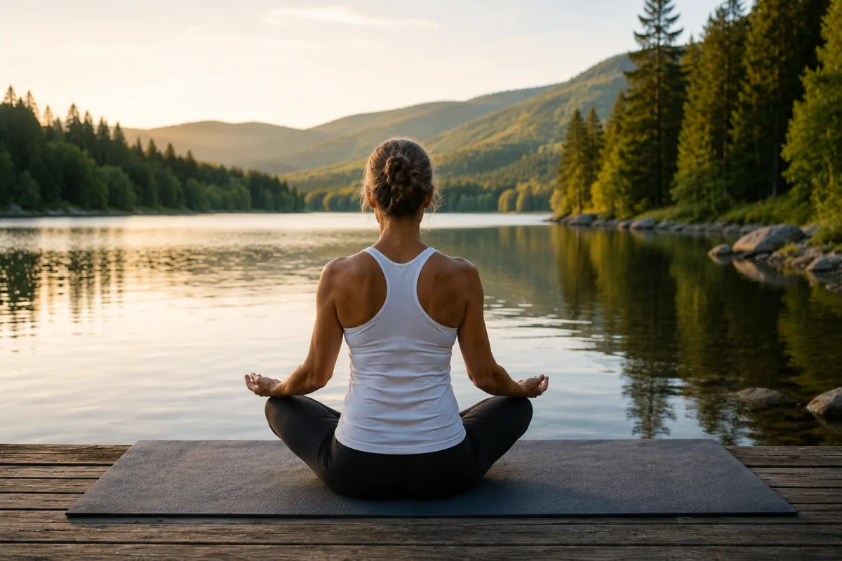 Quiet meditation beside a calm mountain lake in soft morning light